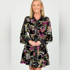 Fate Floral Dress Black Satin Button Front *belt not included -Sz M- Spring